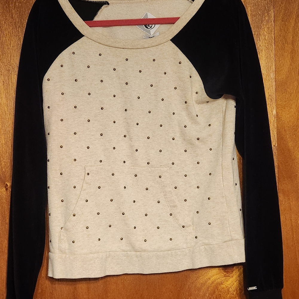 Volcom Cream and Black Raglan Sweatshirt with Stud Dots